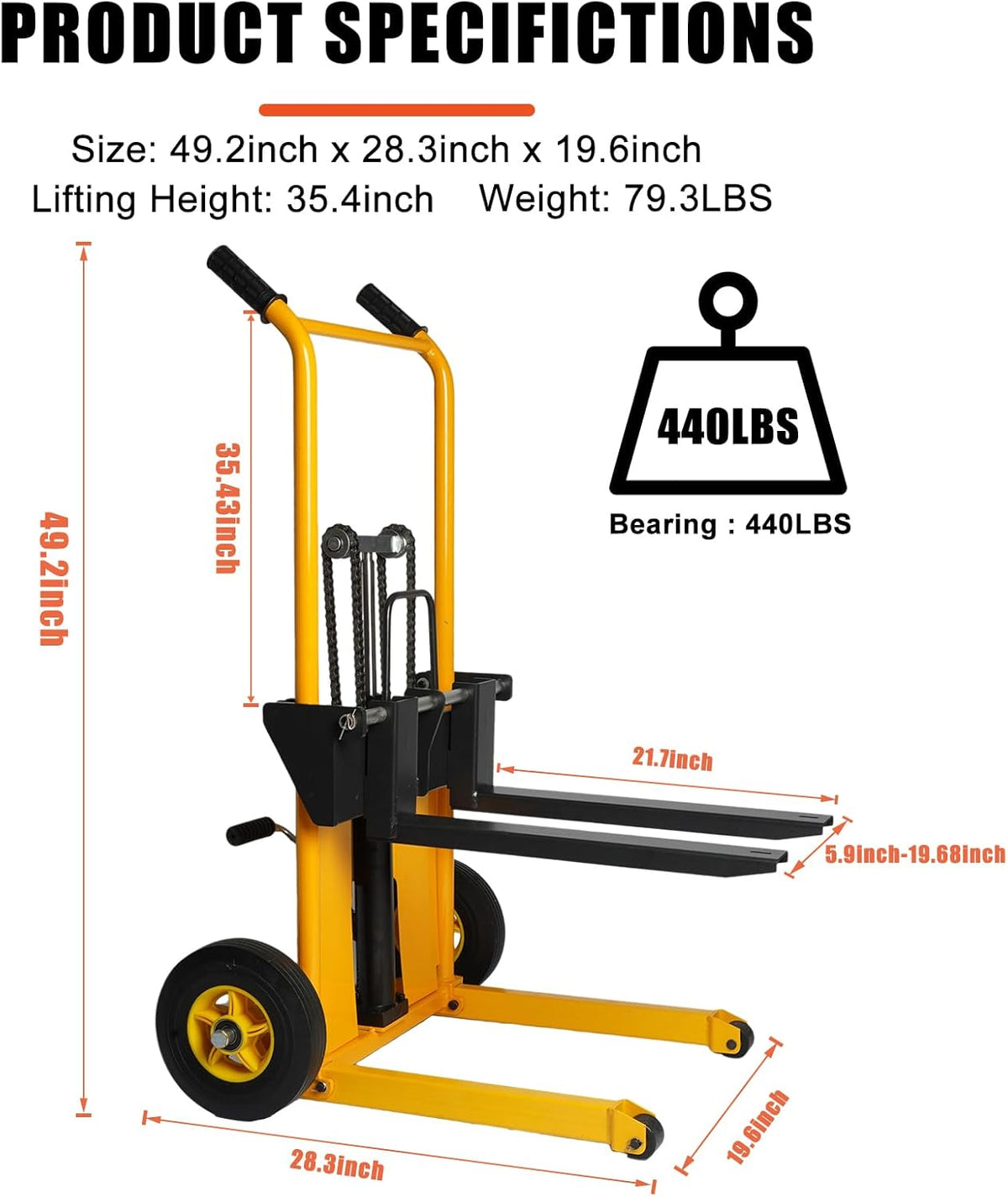 440 lbs Capacity 35" Lift Height Adjustable Forks Fixed Legs Pallet Stacker W21142