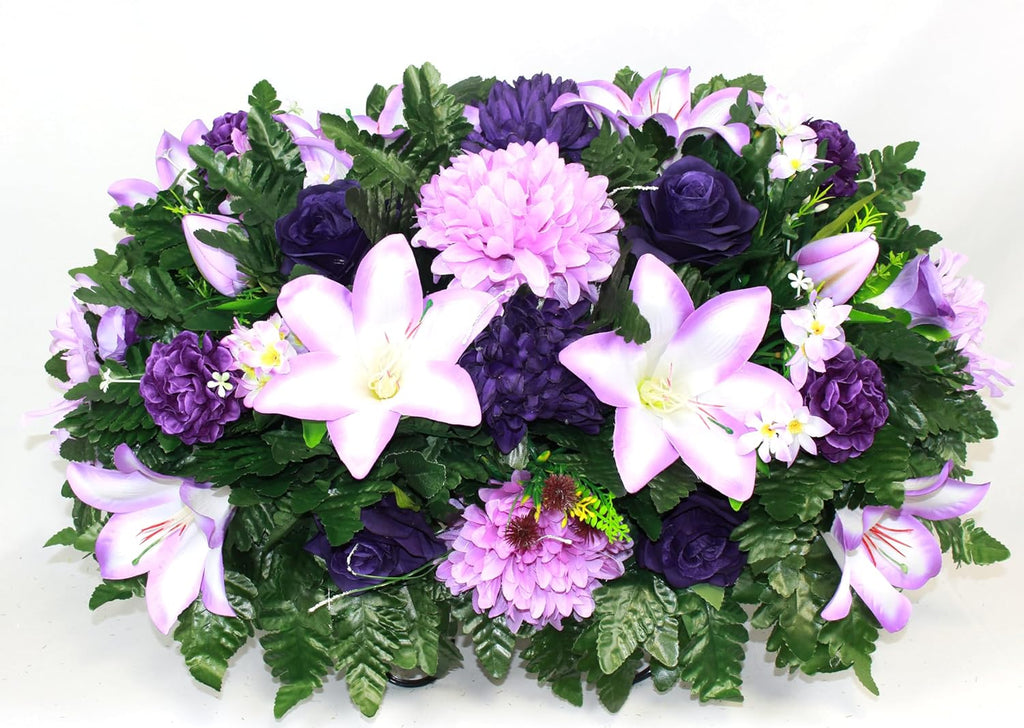 Purple Lilies Roses Mums Headstone Flower Saddle G98980