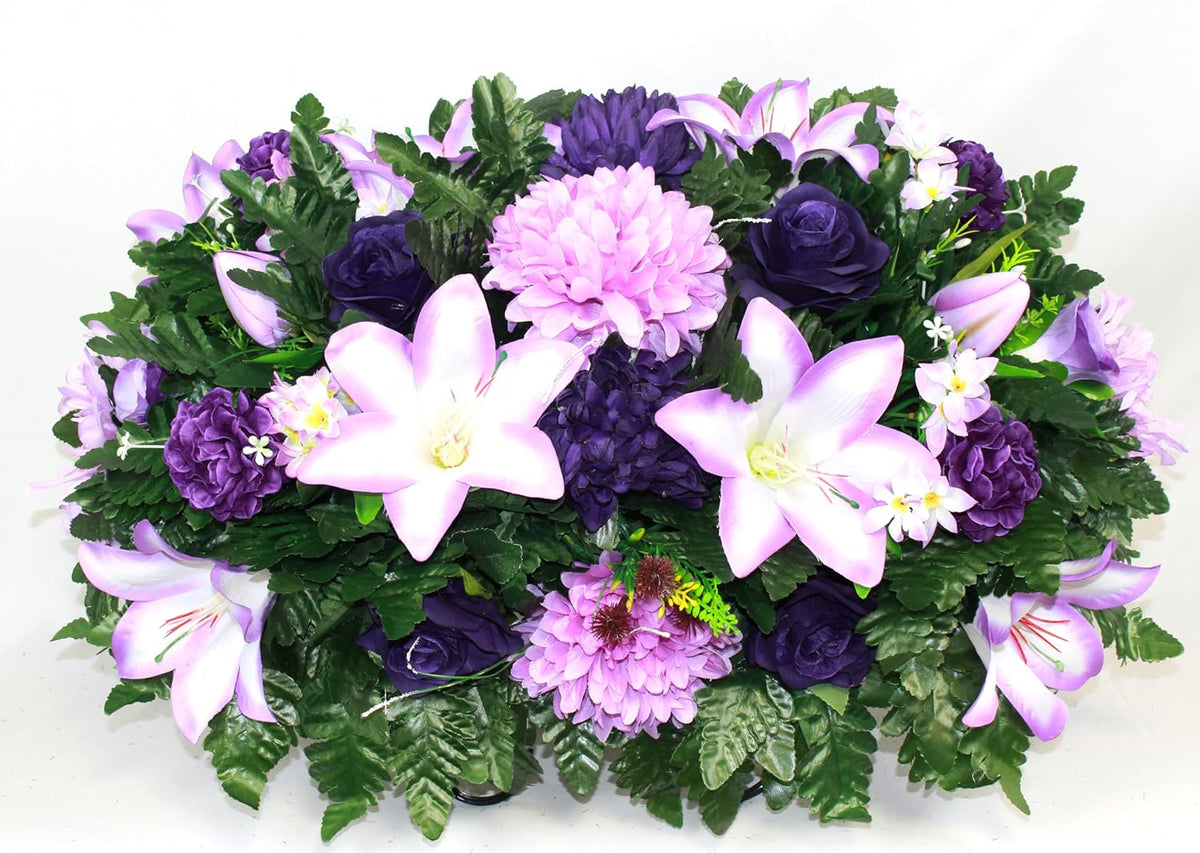 Purple Lilies Roses Mums Headstone Flower Saddle G98980