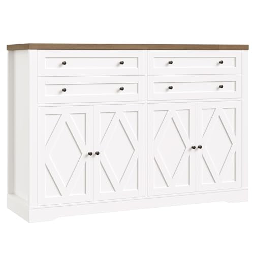 55" Coffee Bar with 4 Large Drawers, Tall Buffet Cabinet with Storage, Adjustable Shelves, Ash Grey O588879