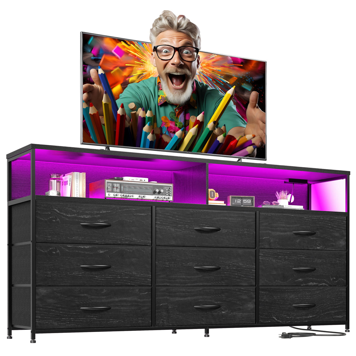 Black Dresser TV Stand with 9 Fabric Drawers & Power Outlet W761279