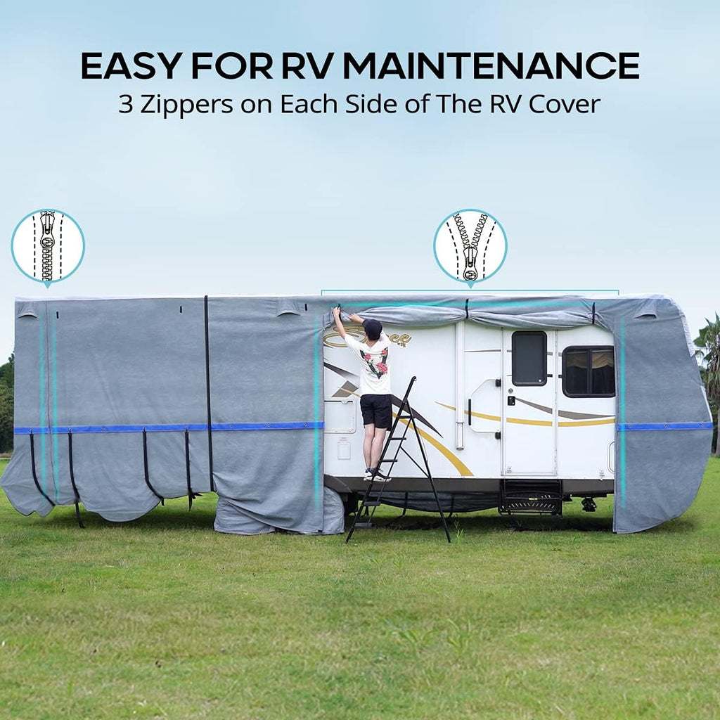 Extra-Thick 6-ply Travel Trailer RV Cover with 2 Windproof Straps, 4 Tire Covers G3686