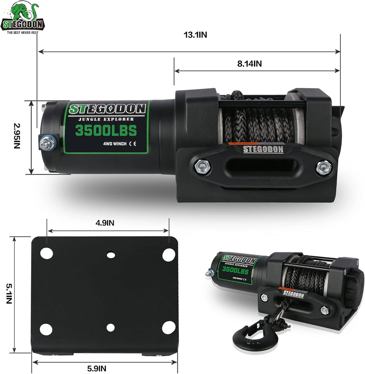 3500 lb. Load Capacity 12V Synthetic Rope Electric Winch with Wireless Remote C829
