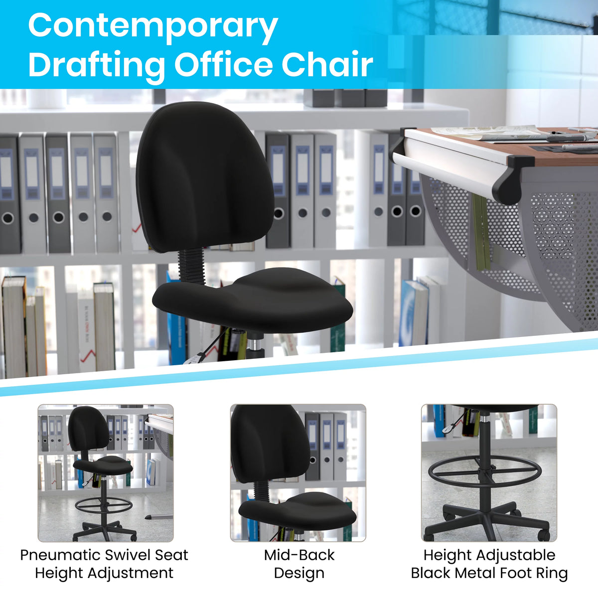 Black Fabric Mid-Back Drafting Chair with Footring F8415