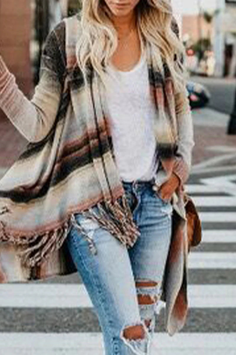 Striped Tassel Button Cardigan H794427