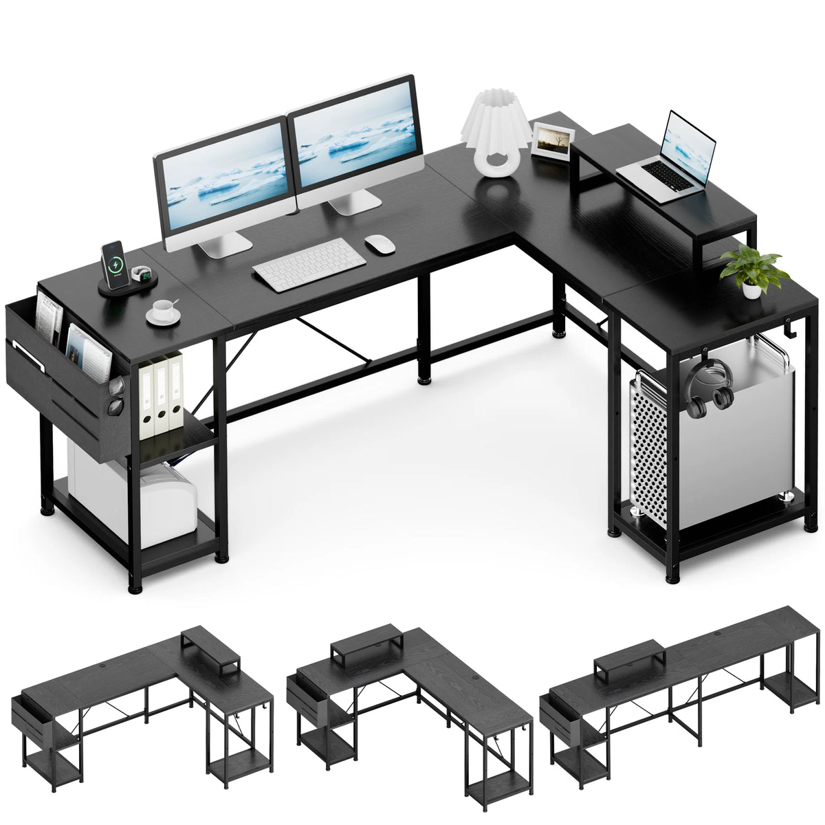 66 Inch Black L-Shaped Corner Desk with Shelves D77435