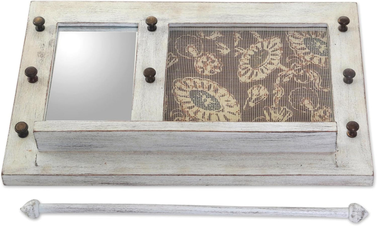 White Cotton Wood Batik Jewelry Display Organizer With Mirror W53289