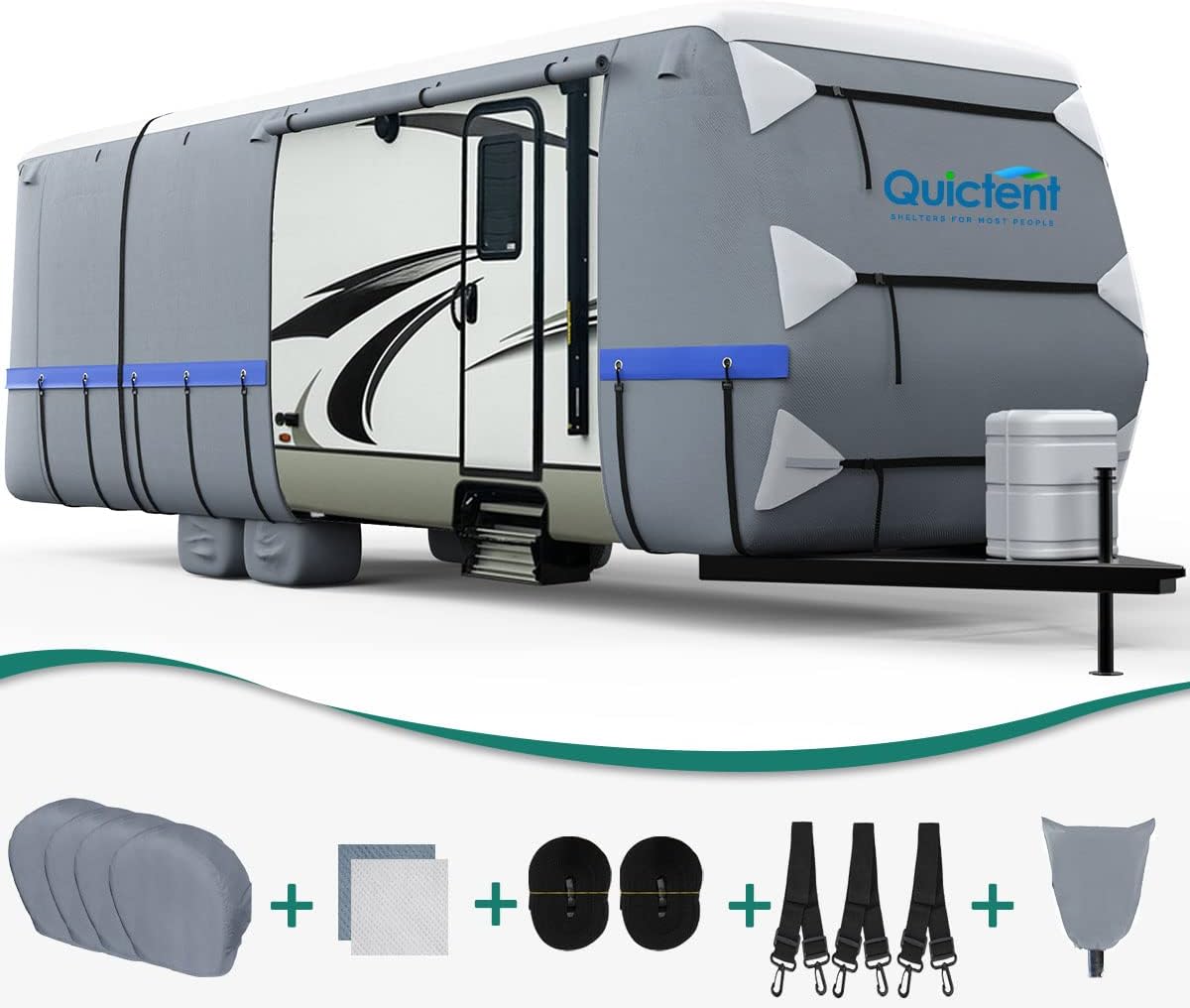 Extra-Thick 6-ply Travel Trailer RV Cover with 2 Windproof Straps, 4 Tire Covers G3686
