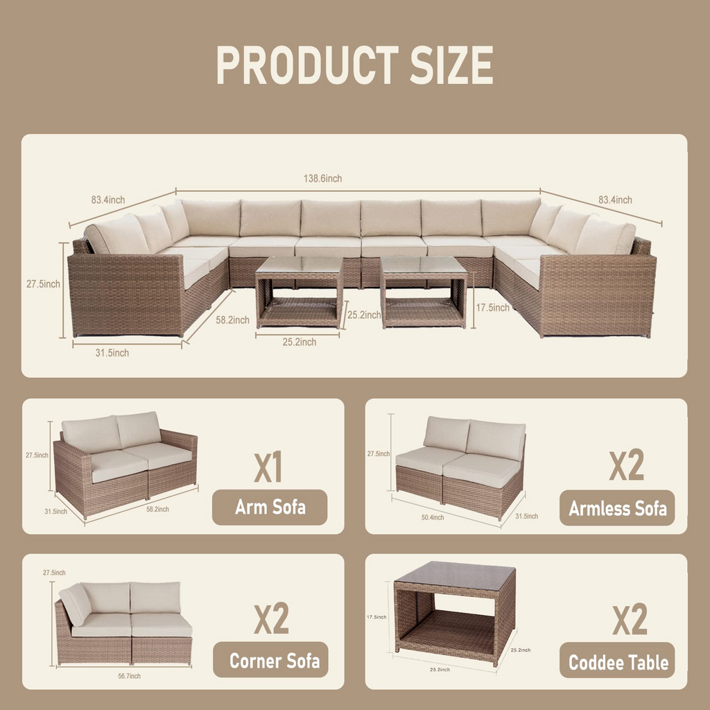 Wicker Patio Furniture Conversation Set Outdoor Rattan Sectional Couch Sofa with Coffee Table (12PCS Light Brown) K892759