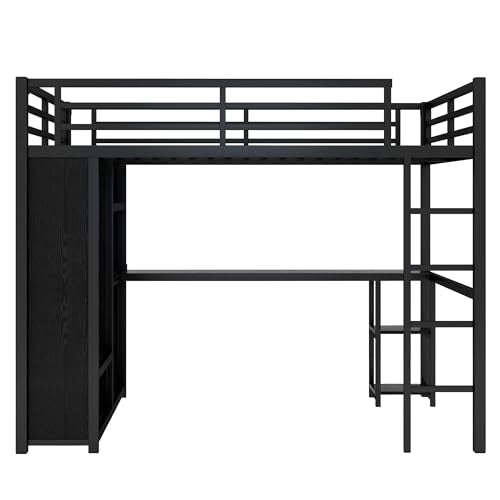 Full Size White Metal Loft Bed with Desk and Wardrobe B67150