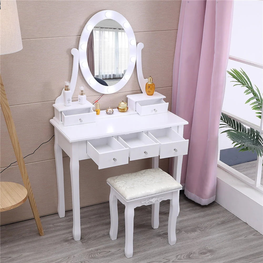 White 5 Drawer Vanity Table with Cushioned Stool Set V5754