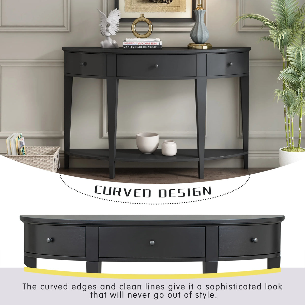Black Curved Console Table with 3 Drawers L2715