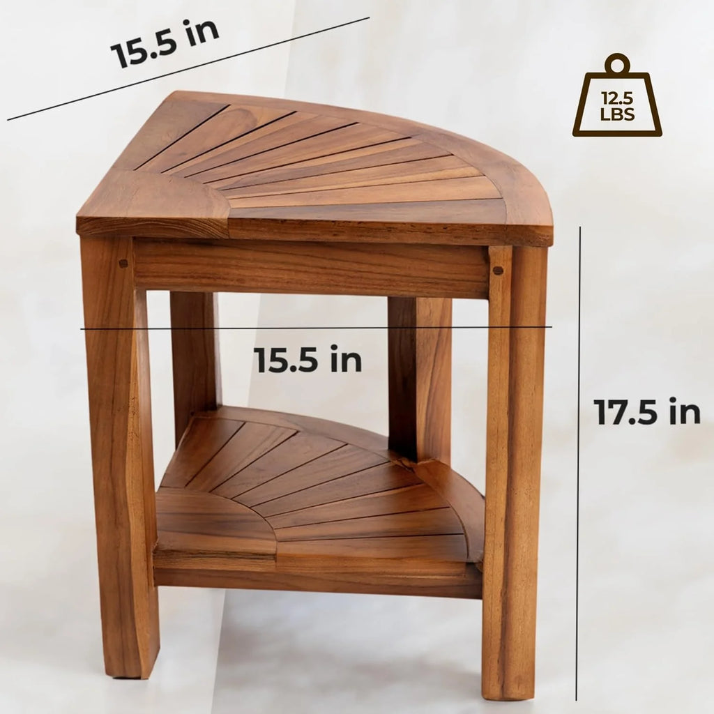 Teak Corner Bench with Shelf, 18 Inch Wooden Seat Stool P39026