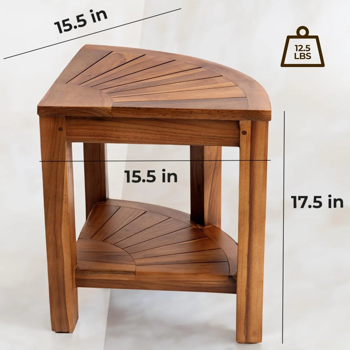 Teak Corner Bench with Shelf, 18 Inch Wooden Seat Stool P39026