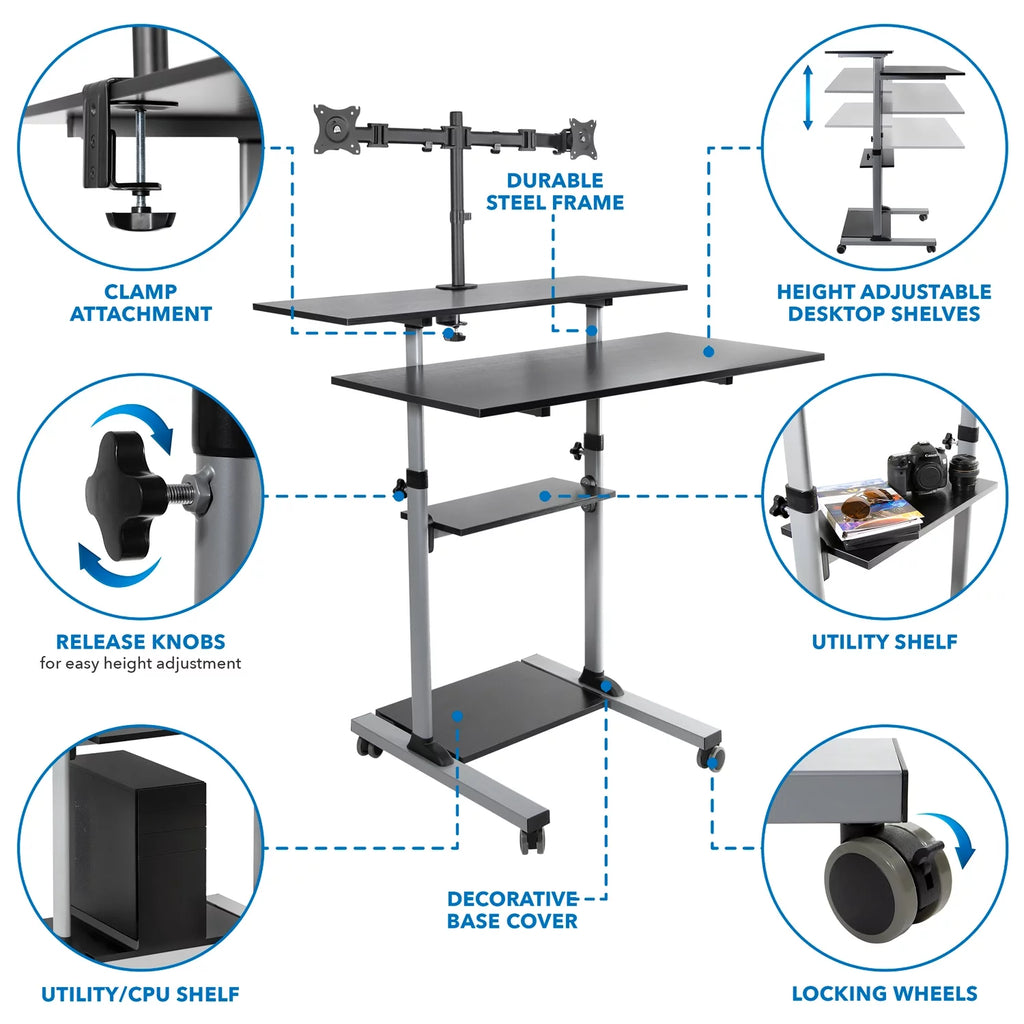 Extra Wide Mobile Standing Desk with Dual Monitor Mount G331480