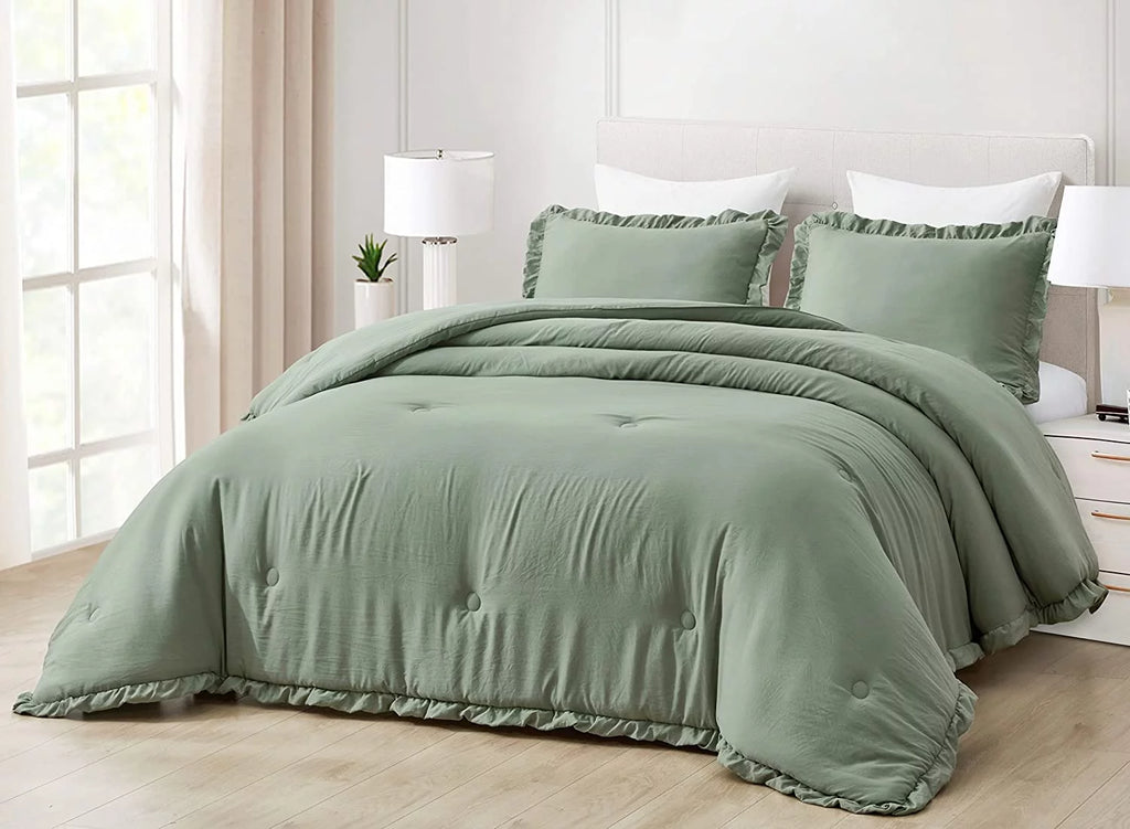 Sage Green Ruffled Edge Microfiber Comforter Set B176366