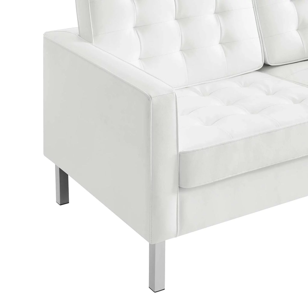 Silver White Tufted Vegan Leather Loveseat W6431