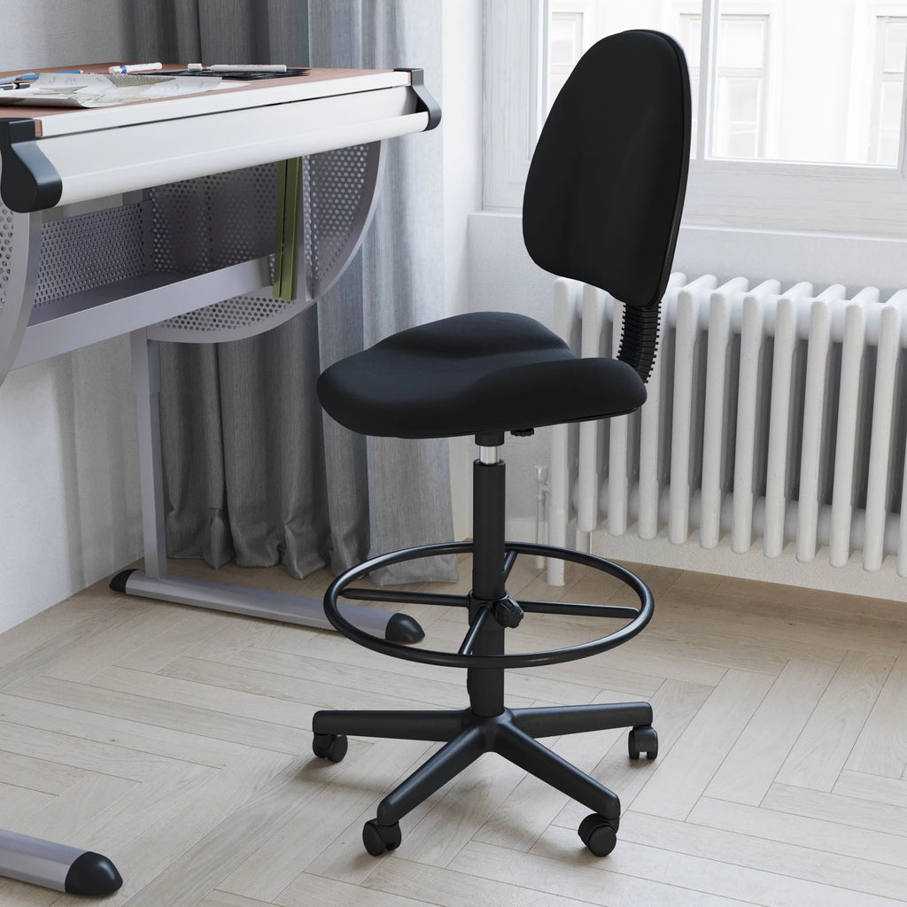 Black Fabric Mid-Back Drafting Chair with Footring F8415