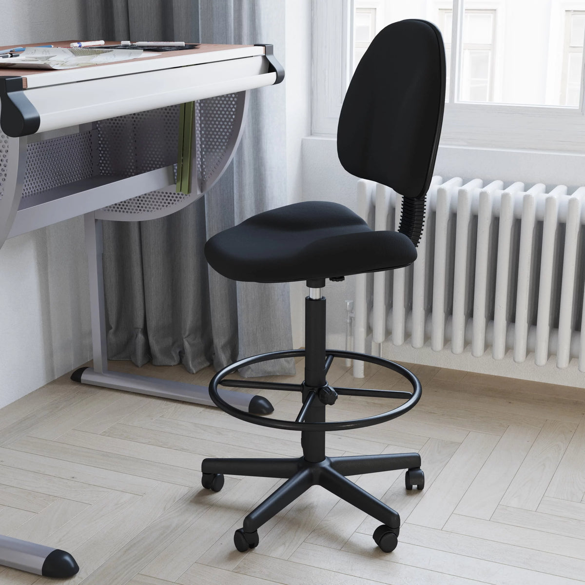 Black Fabric Mid-Back Drafting Chair with Footring F8415