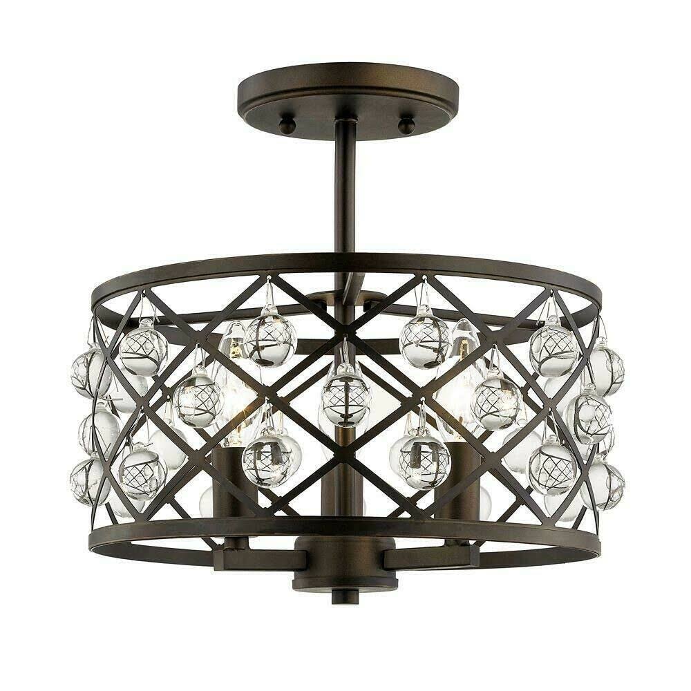 Aged Bronze Semi Flush Mount with Crystal Globes N592