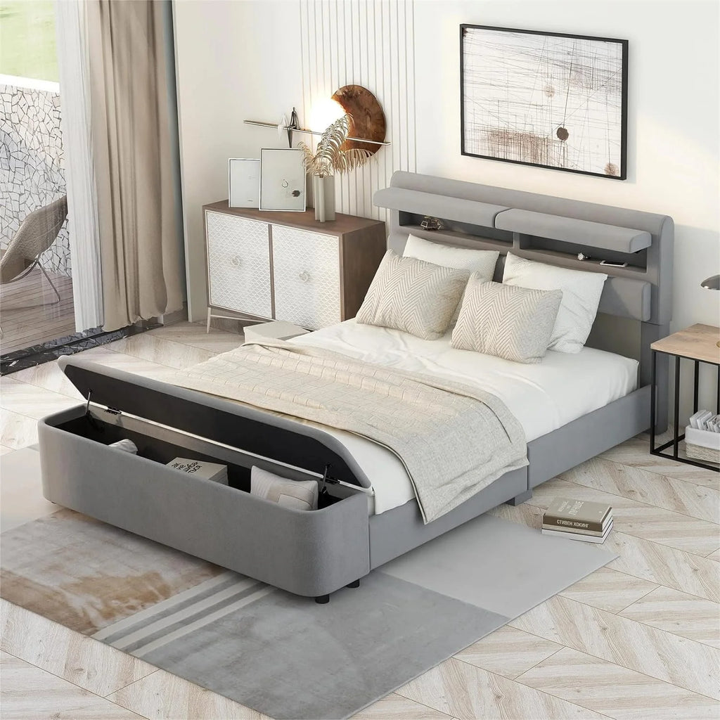 Full Size Gray Velvet Upholstered Platform Bed with Storage D718