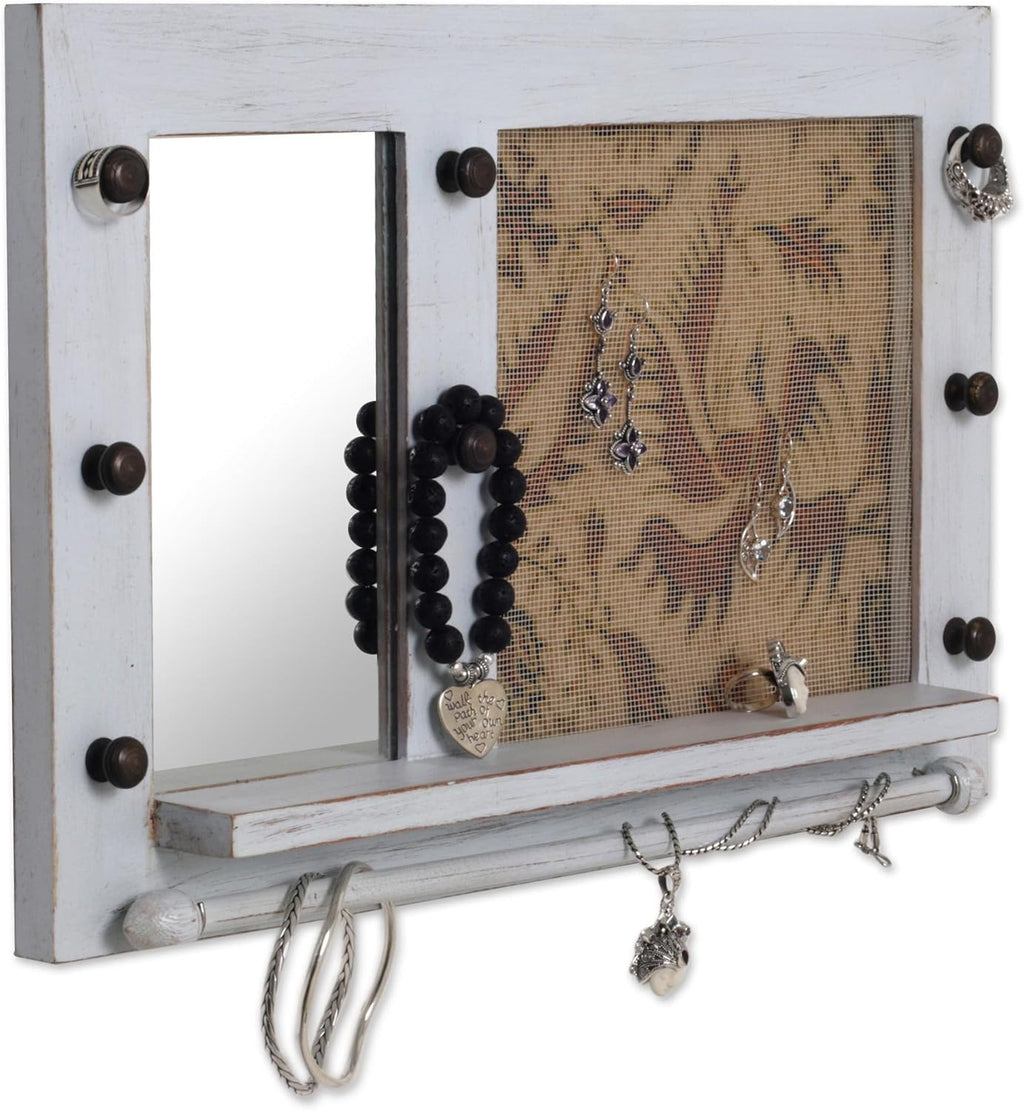 White Cotton Wood Batik Jewelry Display Organizer With Mirror W53289