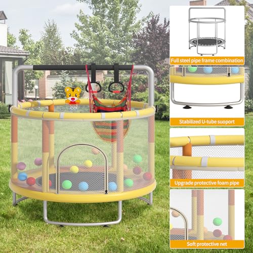 55" Small Trampoline with Enclosure Net and Basketball Hoops R9067