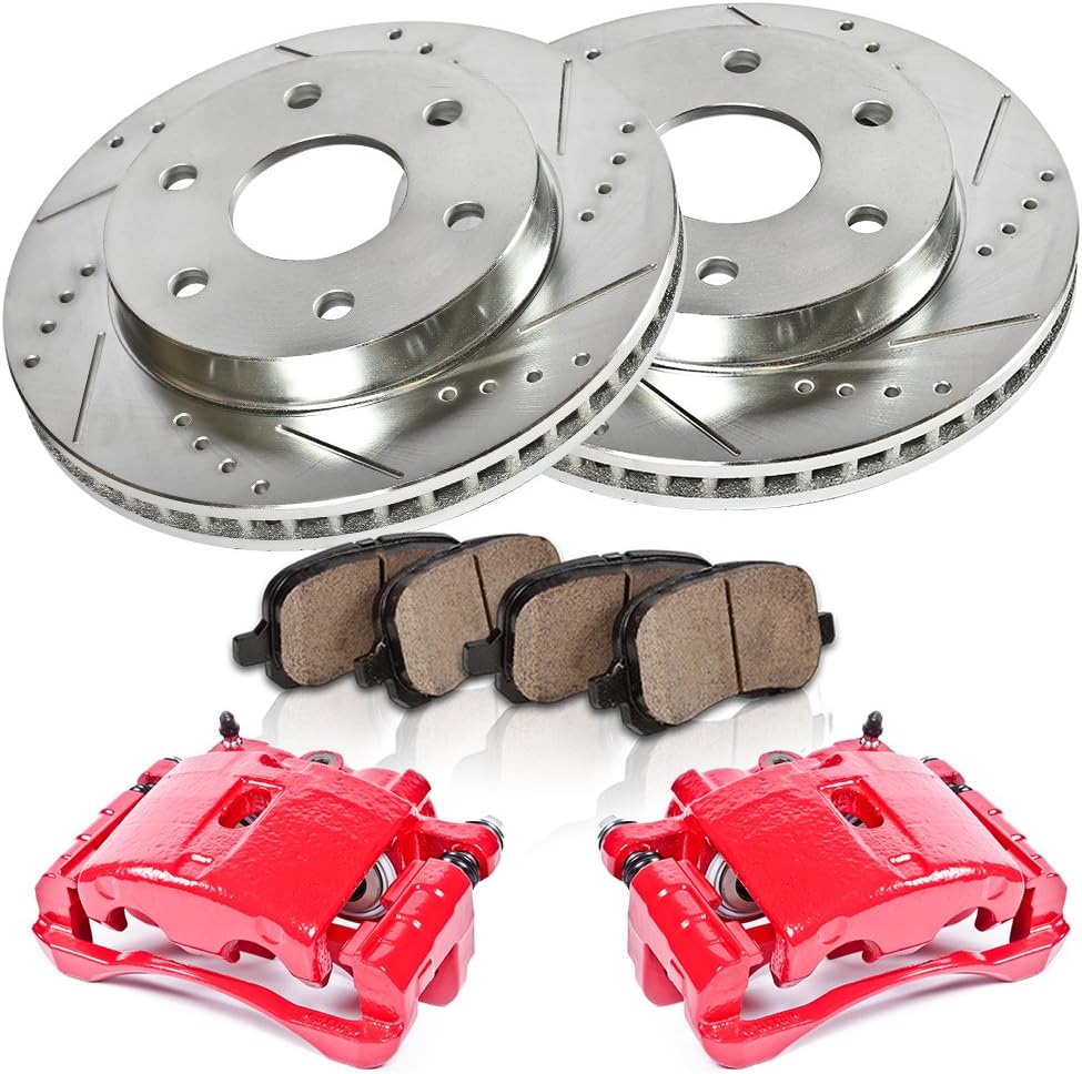 Powder Coated Red Calipers Rotors Ceramic Pads Kit E827