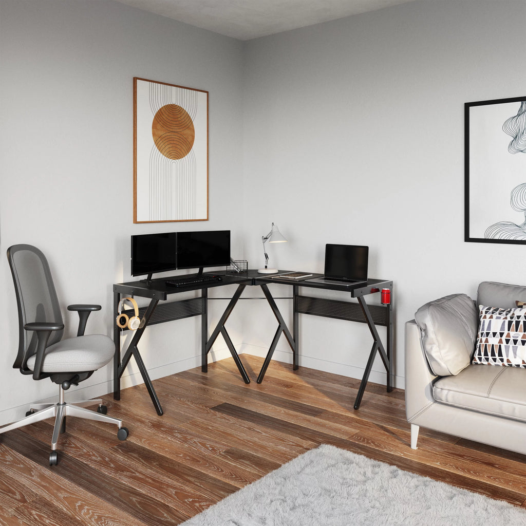L Shaped Computer Desk with Headphone and Cup Holder Black X168306
