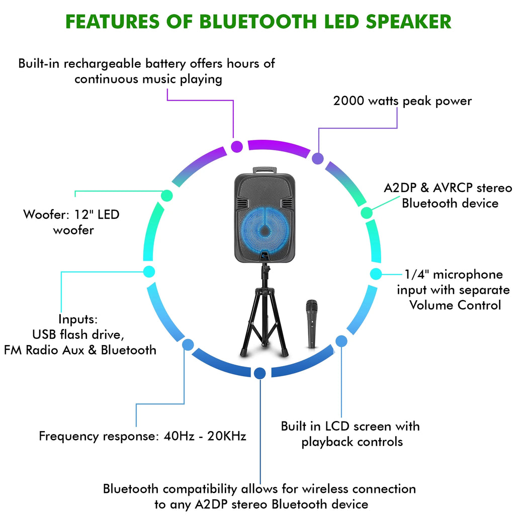 2000 Watts Rechargeable 12 Inch Bluetooth LED Speaker F708348