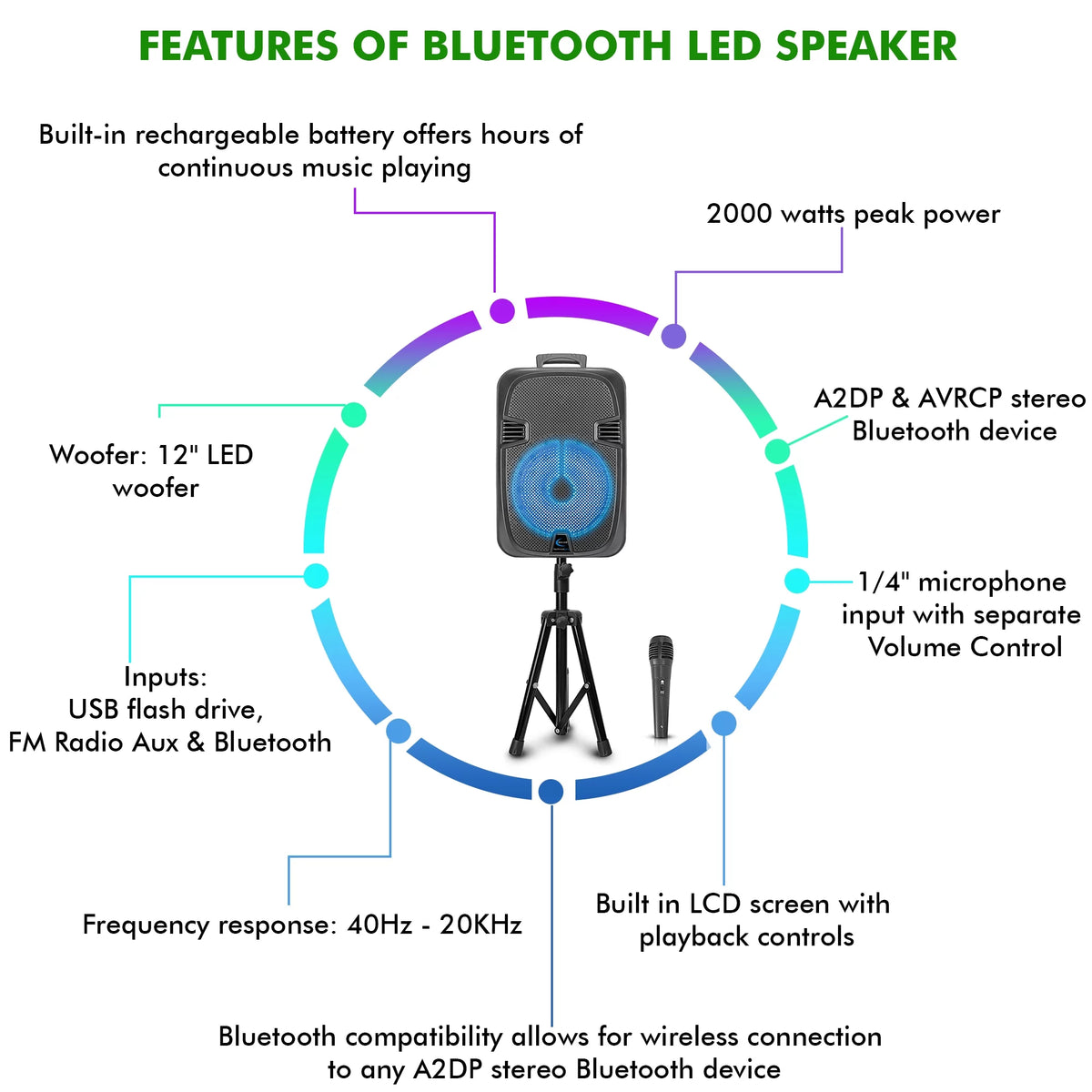 2000 Watts Rechargeable 12 Inch Bluetooth LED Speaker F708348