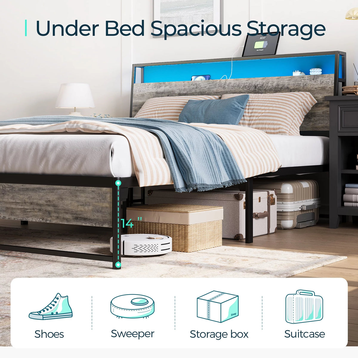 Full Size Metal Platform Bed Frame with Headboard and Storage Shelves R384