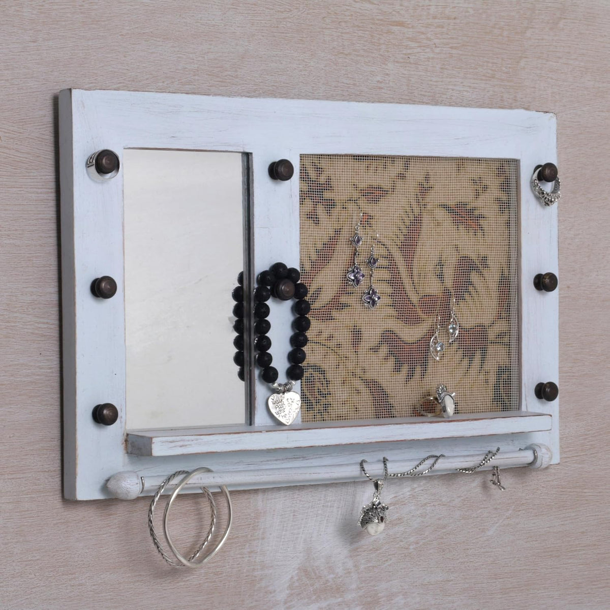 White Cotton Wood Batik Jewelry Display Organizer With Mirror W53289