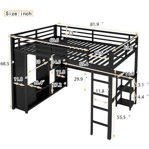 Full Size White Metal Loft Bed with Desk and Wardrobe B67150