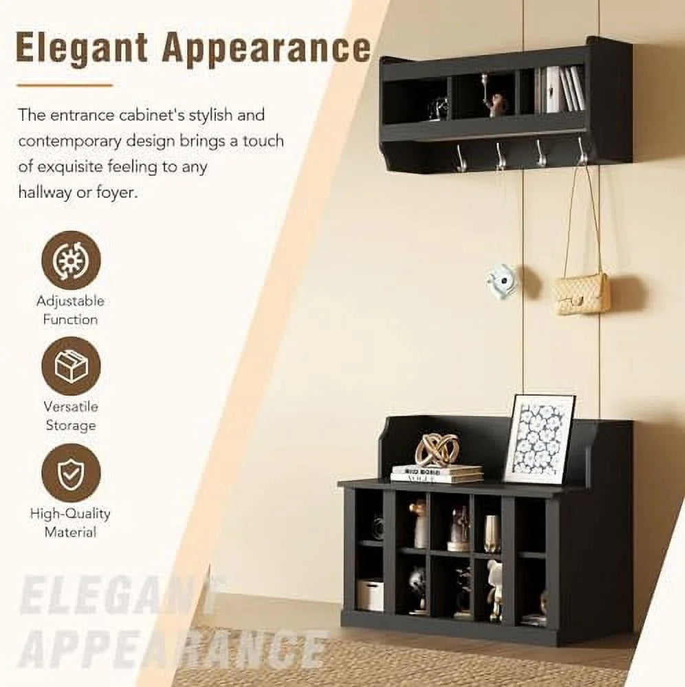 Black Entryway Hall Tree with Shoe Cabinet Bench and 8 Hooks Y982348