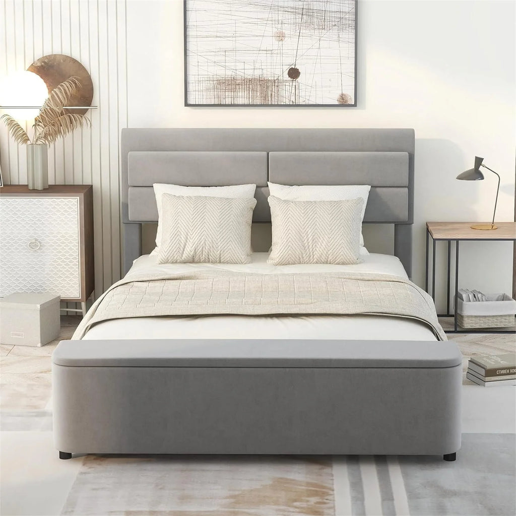 Full Size Gray Velvet Upholstered Platform Bed with Storage D718