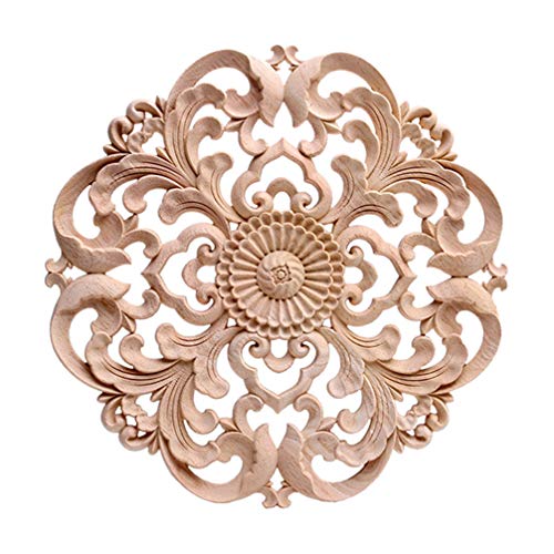 Wood Carved Onlay Applique Round Flower Unpainted Corner Decal Wood Wall Art 15x15cm V99271