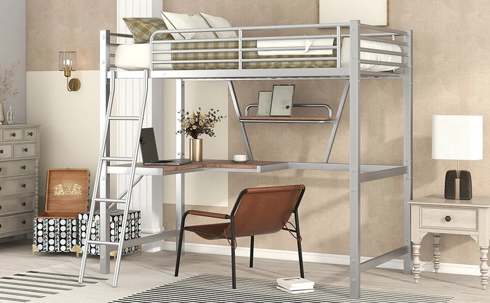 Metal Loft Bed with Desk and Shelf T457017