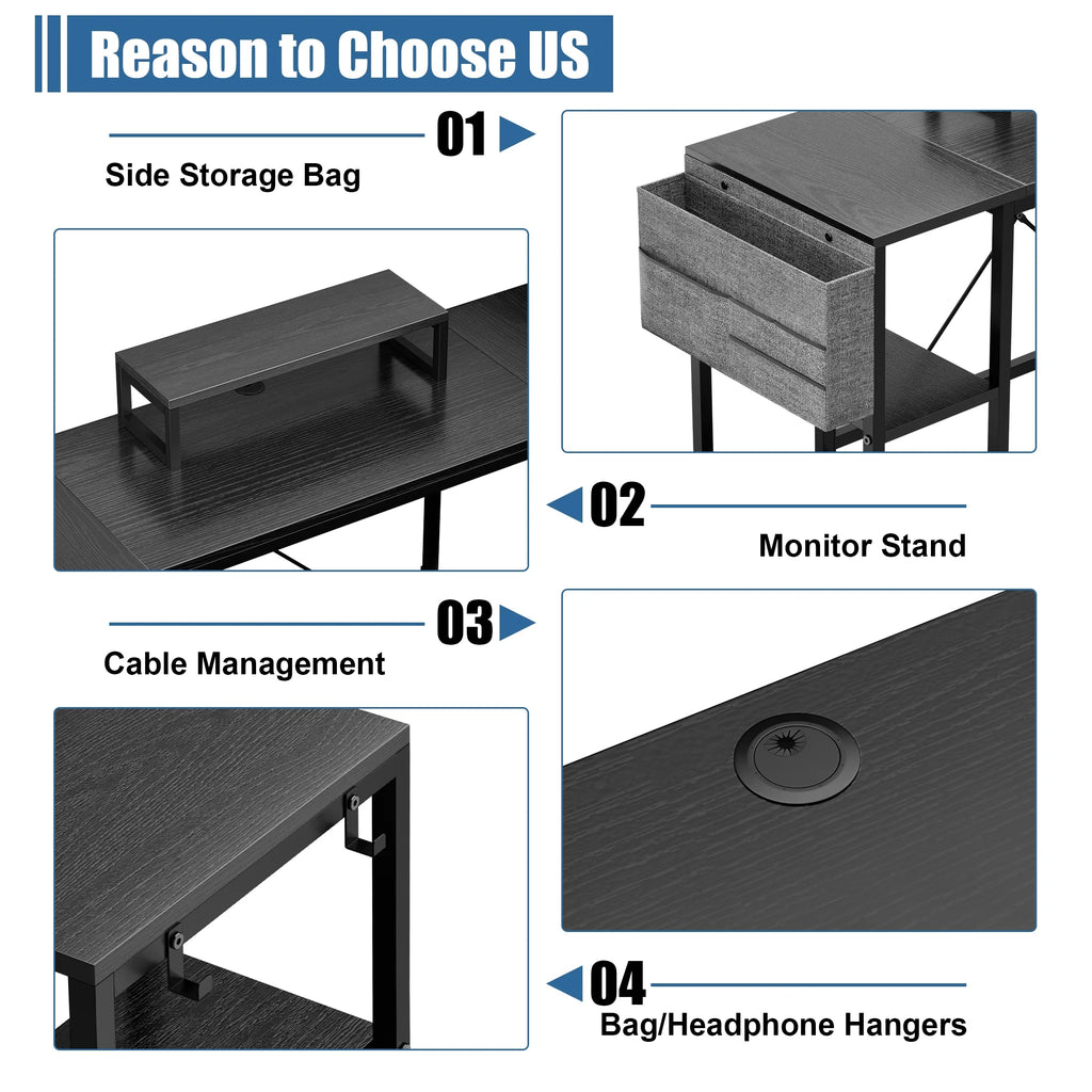 66 Inch Black L-Shaped Corner Desk with Shelves D77435
