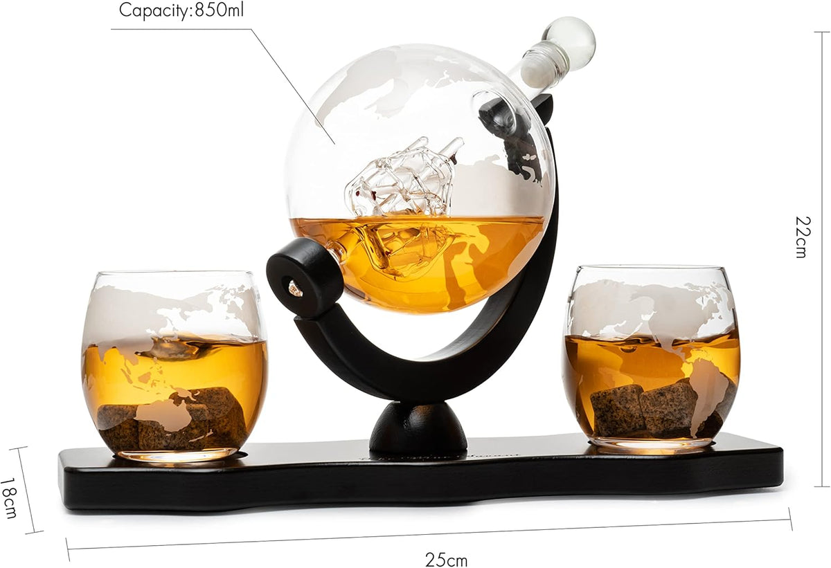 Globe Whiskey Decanter Set with 2 Etched Whisky Glasses and Whiskey Stones 850ml A940