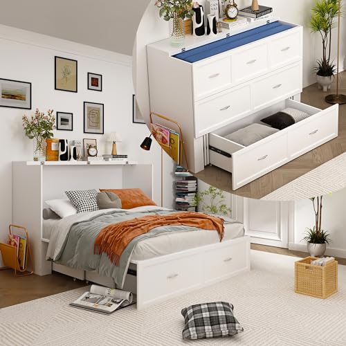 White Queen Size Murphy Cabinet Bed with Drawers J66386