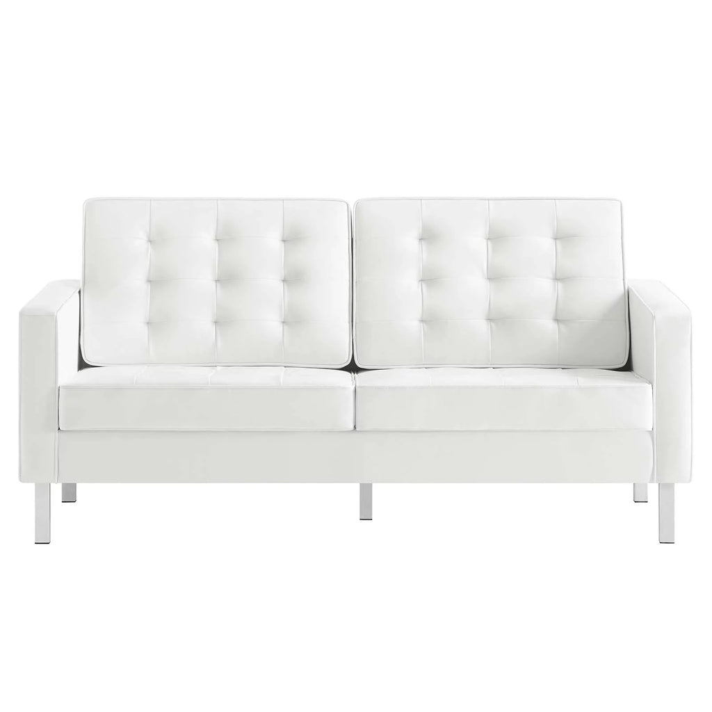 Silver White Tufted Vegan Leather Loveseat W6431