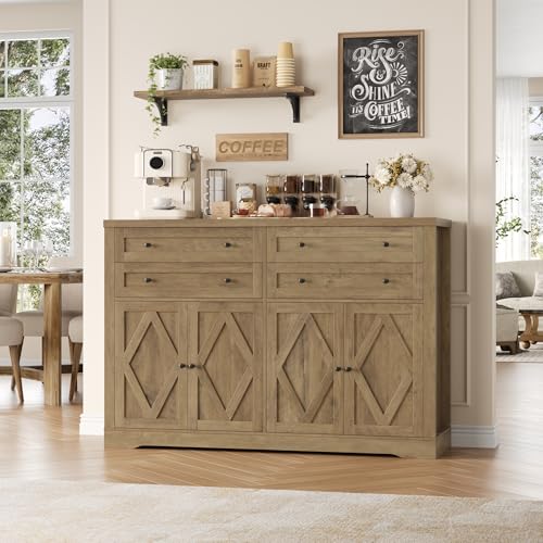 55" Coffee Bar with 4 Large Drawers, Tall Buffet Cabinet with Storage, Adjustable Shelves, Ash Grey O588879