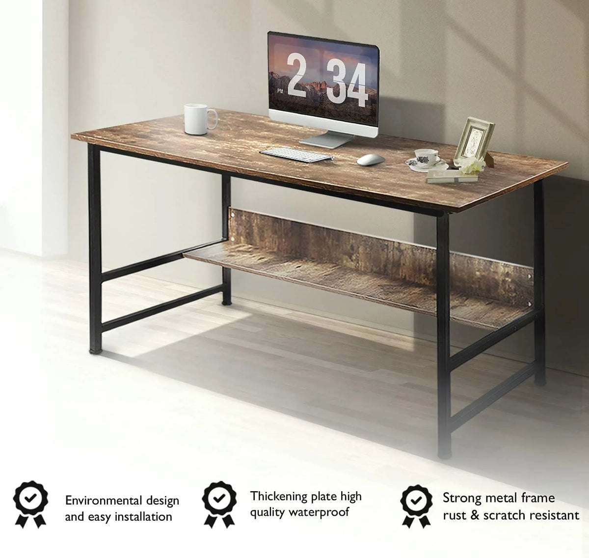 55" Wood Office Desk with Metal Legs and Book Shelf W37143