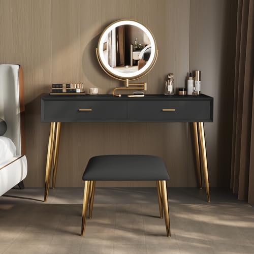 Black 31.5in Vanity Desk Set with 360° Rotating Mirror and Lights, 2 Drawers, Stool L431120