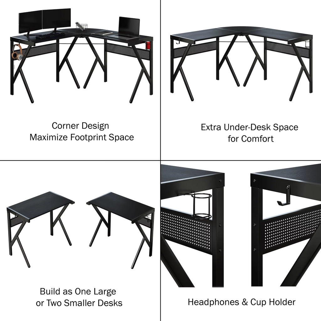 L Shaped Computer Desk with Headphone and Cup Holder Black X168306