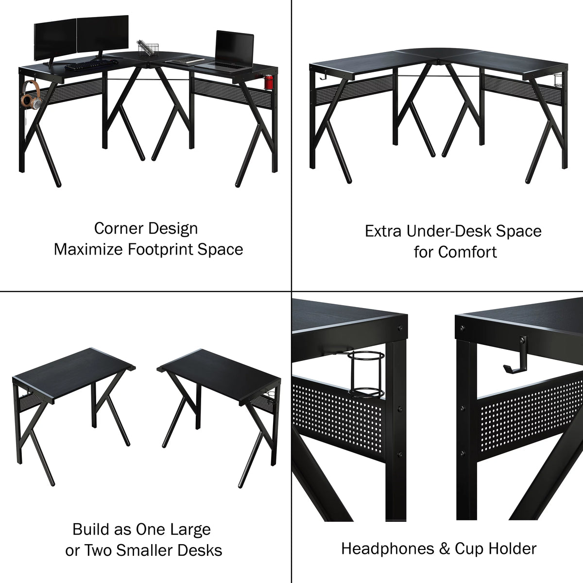 L Shaped Computer Desk with Headphone and Cup Holder Black X168306
