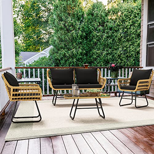 4-Piece Wicker Patio Bistro Set with Cushions and Metal Table F776