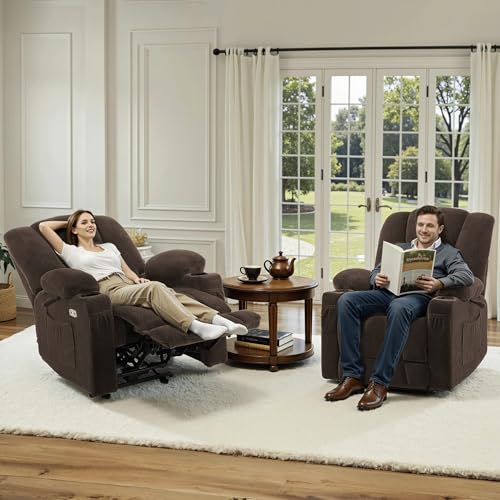 Brown Fabric Power Recliner Chair with Heat and Vibration Massage L642106