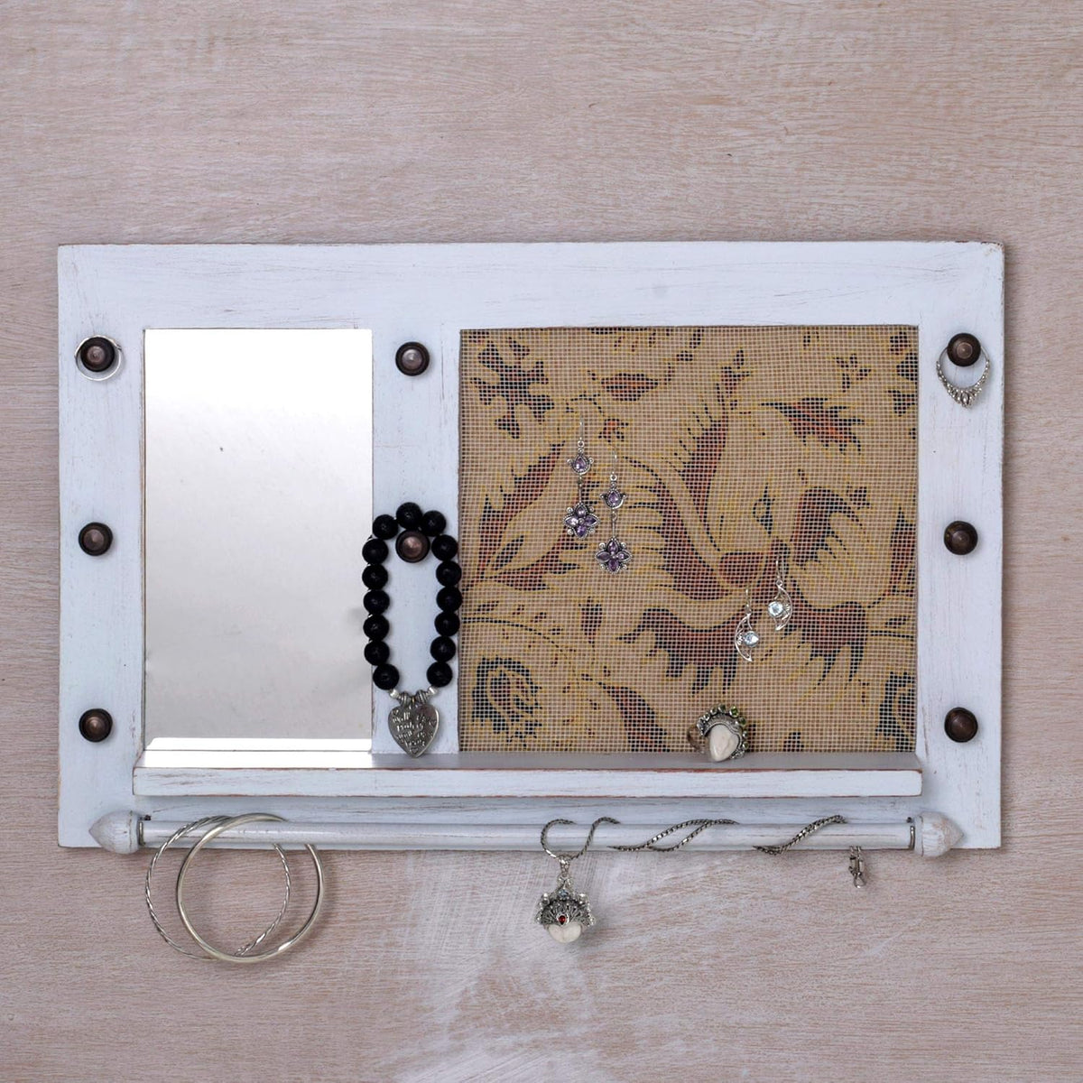 White Cotton Wood Batik Jewelry Display Organizer With Mirror W53289